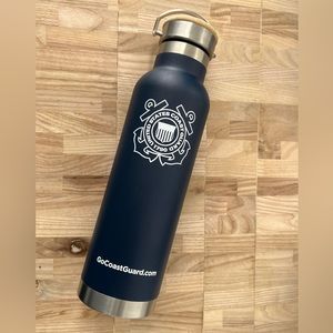 U.S. Coast Guard Stainless Steel Water Bottle With Wood Top Lid Dark Blue NWOT